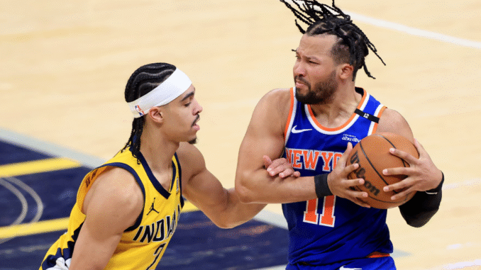 Andrew Nembhard played football all night against Jalen Brunson. Photo courtesy NY Knicks.